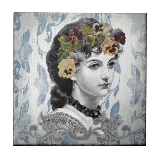 Victorian Lady Woman Pansies on Tapestry Tile (Front)
