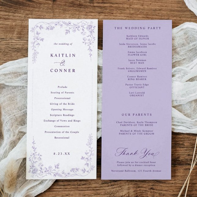 Victorian Lavender Purple French Floral Wedding Programme (Lavender wedding program with vintage French chinoiserie floral elements)