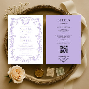 Victorian Lilac Purple All in One Wedding Monogram Invitation