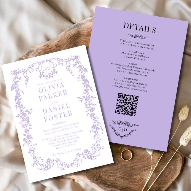 Victorian Lilac Purple All in One Wedding Monogram Invitation (Creator Uploaded)