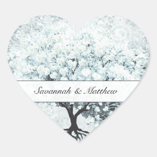 Victorian Love Bird Blue Damask Heart Leaf Tree Heart Sticker