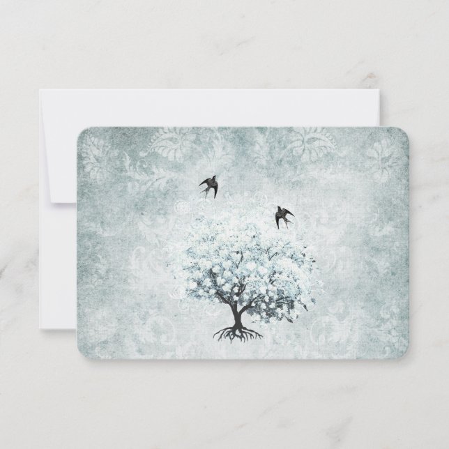 Victorian Love Bird Blue Damask Heart Leaf Tree RSVP Card (Front)