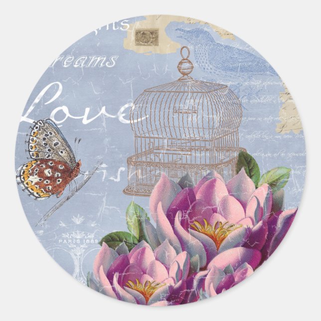 Victorian Love Thoughts Dreams Butterfly Bird Cage Classic Round Sticker (Front)