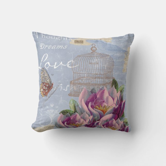 Victorian Love Thoughts Dreams Butterfly Bird Cage Cushion (Front)