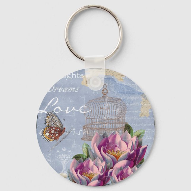 Victorian Love Thoughts Dreams Butterfly Bird Cage Key Ring (Front)