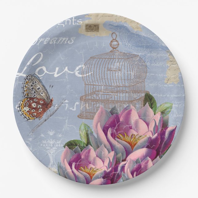 Victorian Love Thoughts Dreams Butterfly Bird Cage Paper Plate (Front)
