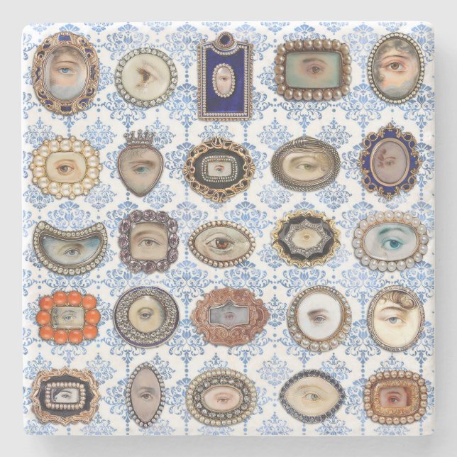 Victorian Lover's Eye in blue and white damask Stone Coaster (Front)
