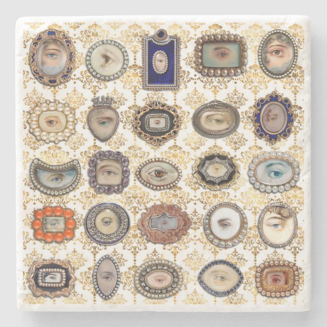 Victorian Lover's Eye in whiteand gold damask Stone Coaster (Front)