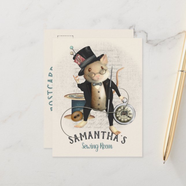 Victorian Mad Hatter Mouse Sewing Design Postcard (Front/Back In Situ)
