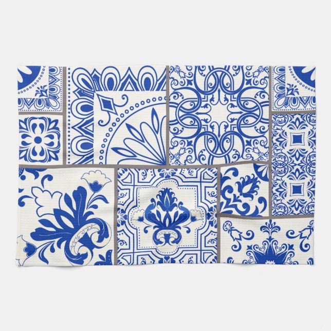 Victorian Majolica: Patchwork Tile Pattern. Tea Towel (Horizontal)