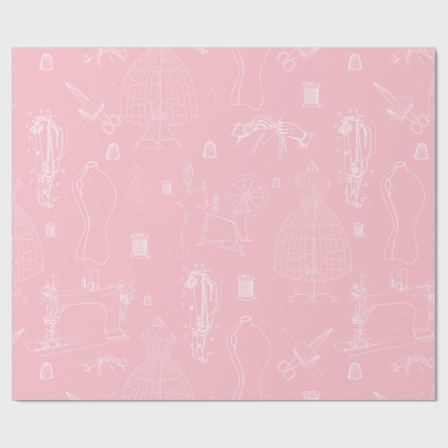 victorian mannequin antique sewing machine pink wrapping paper (Flat)