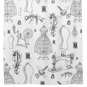 victorian mannequin antique sewing machine toile shower curtain