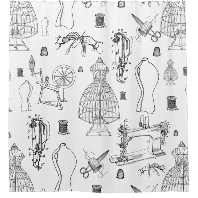 victorian mannequin antique sewing machine toile shower curtain (Front)