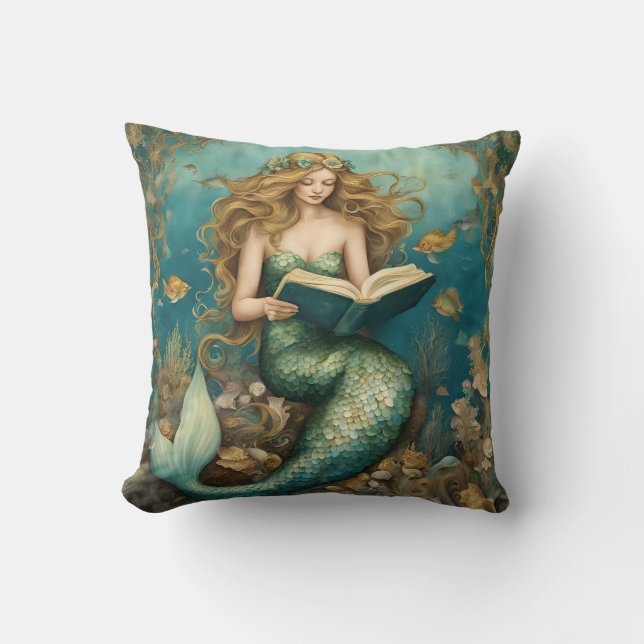 Victorian Mermaid Reading Throw Pillow  (Front)