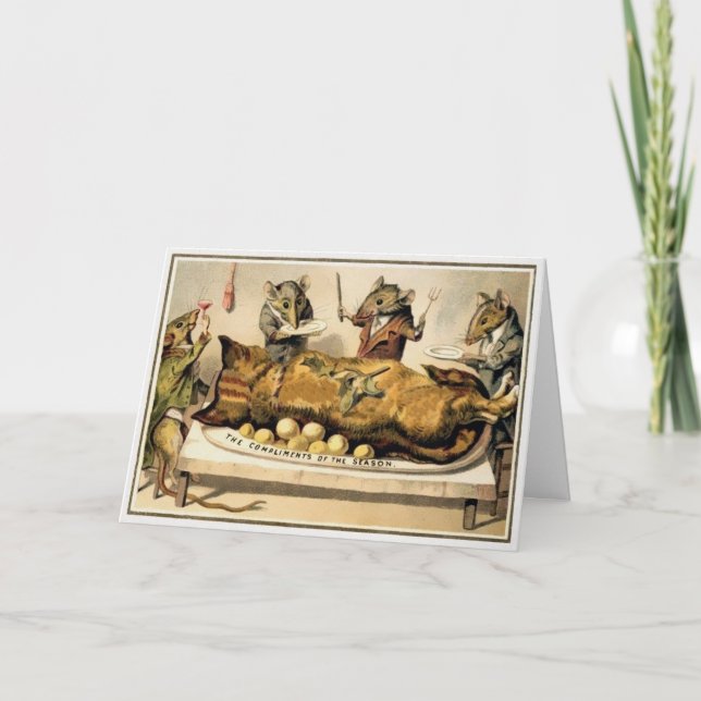 Victorian Mice Eating a Cat Christmas Card (Front)