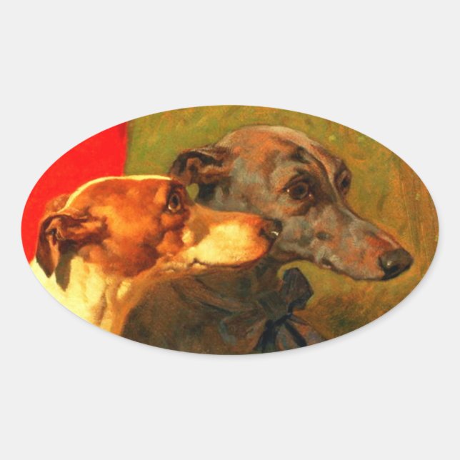 VICTORIAN MINIATURE DOG PORTRAITS Greyhounds Oval Sticker (Front)