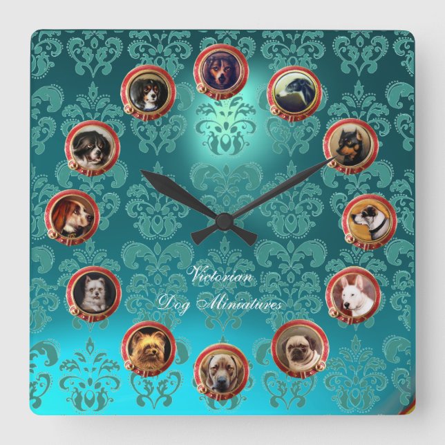 VICTORIAN MINIATURE DOG PORTRAITS Teal Blue Damask Square Wall Clock (Front)