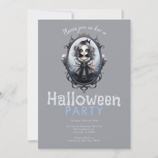 Victorian Mirror and Gothic Girl Halloween Party Invitation (Front)