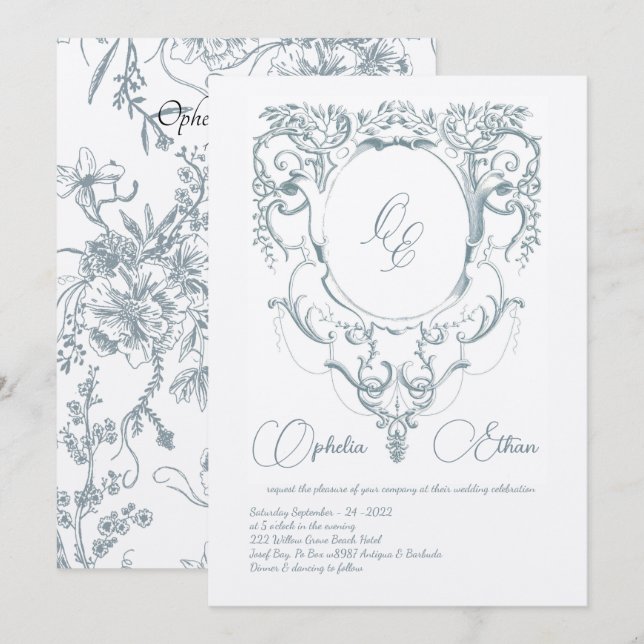 Victorian Monogram Baroque crest wedding Invitation (Front/Back)