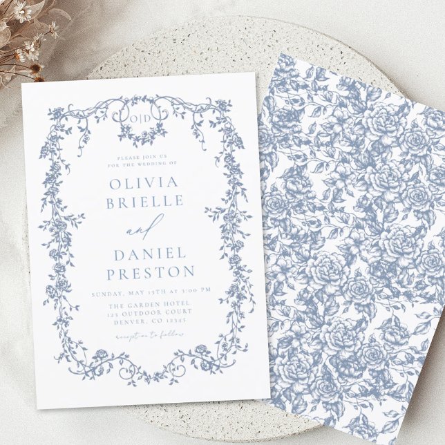 Victorian Monogram French Blue Floral Wedding Invitation (Creator Uploaded)