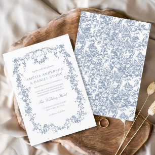 Victorian Monogram French Blue Floral Wedding Invitation
