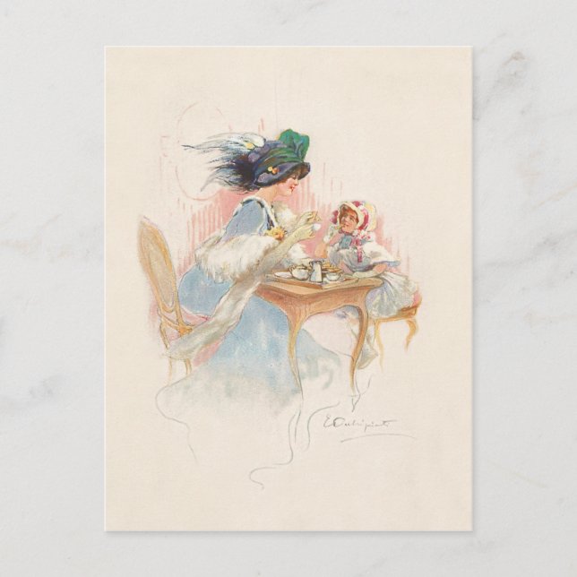 Victorian Mother and Daughter Tea Party Holiday Postcard (Front)