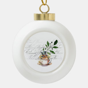 Victorian Mouse in Tea cup Ceramic Ball Christmas Ornament
