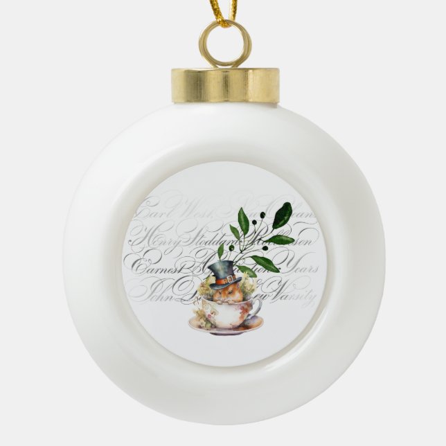 Victorian Mouse in Tea cup Ceramic Ball Christmas Ornament (Front)