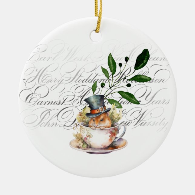 Victorian Mouse in Tea cup Ceramic Tree Decoration (Front)