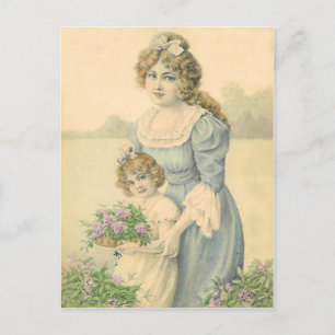 Victorian Mum Daughter Picking Flowers Mother'sDay Postcard