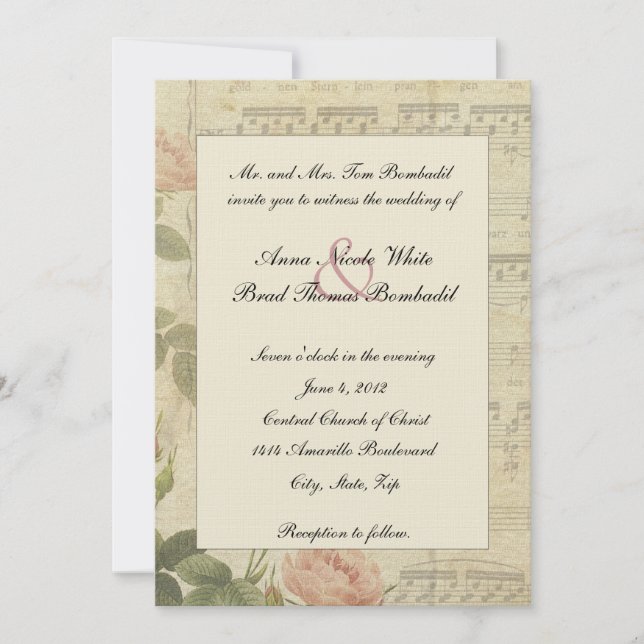 Victorian Music and Rose Wedding Invitation (Front)