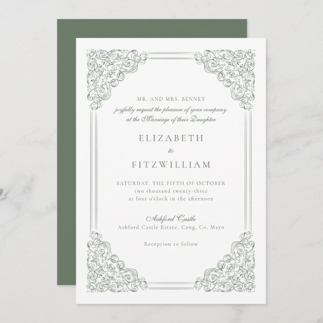 Victorian Muted Green Vintage Frame Wedding    Invitation (Front/Back)