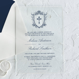 Victorian Navy Blue Catholic Wedding Acrylic Invitations