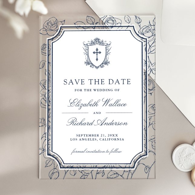 Victorian Navy Blue Catholic Wedding Save the Date Acrylic Invitations (Creator Uploaded)