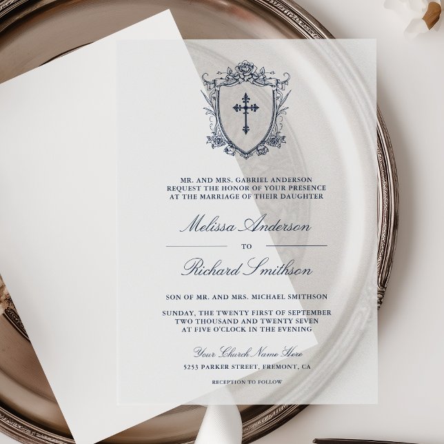 Victorian Navy Blue Catholic Wedding Vellum Invitations (Creator Uploaded)