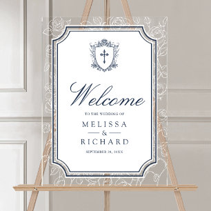 Victorian Navy Blue Catholic Wedding Welcome Acrylic Sign