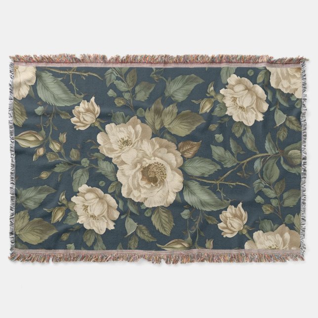 Victorian Navy & Cream Floral Botanical Blanket (Front)