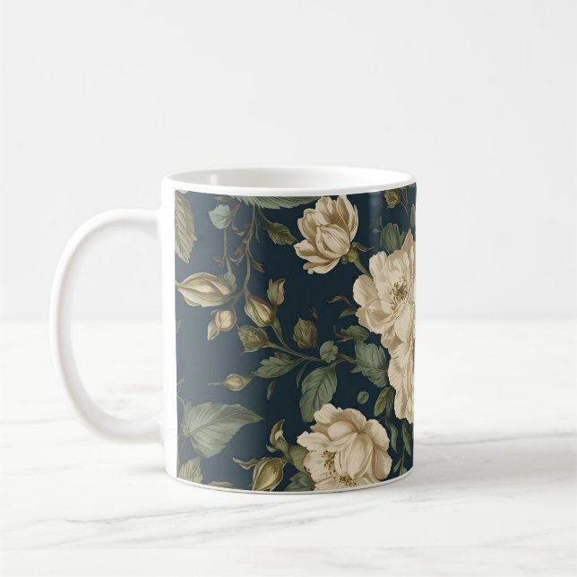Victorian Navy & Cream Floral Botanical Blanket Coffee Mug (Left)