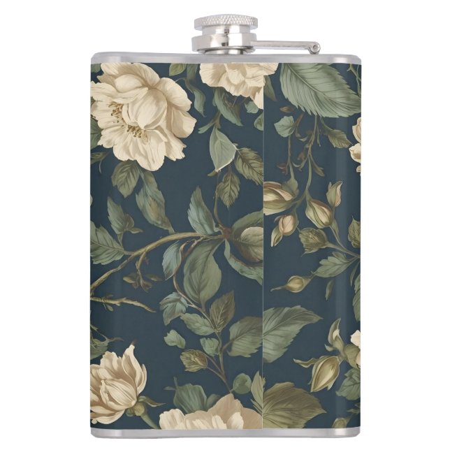 Victorian Navy & Cream Floral Botanical Blanket Hip Flask (Back)