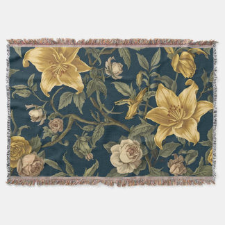 Victorian Navy & Yellow Lily Vintage Floral Patter Throw Blanket
