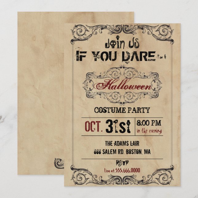 Victorian Old Paper Halloween Party Invitation (Front/Back)