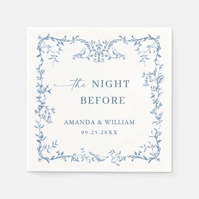 Victorian Ornate Blue Floral Rehearsal Dinner Napkin (Front)