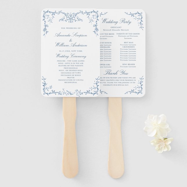 Victorian Ornate Blue Floral Wedding Program Hand Fan (Front and Back)