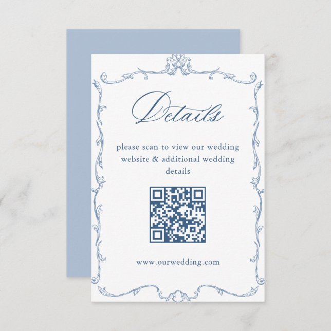 Victorian Ornate Blue Wedding Details QR code Enclosure Card (Front/Back)