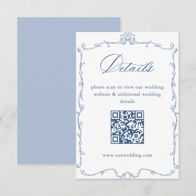 Victorian Ornate Blue Wedding Details QR code Enclosure Card | Zazzle