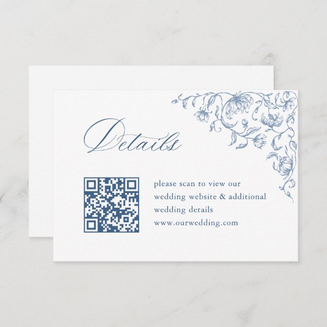 Victorian Ornate Blue Wedding QR code Details Enclosure Card (Front/Back)