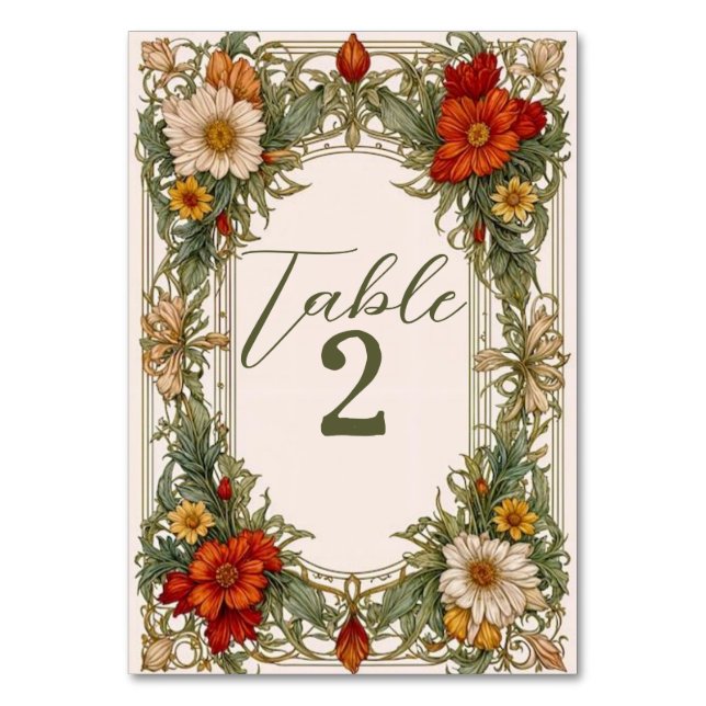 Victorian Ornate Border with Wildflower Wedding Table Number (Back)