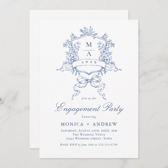 Victorian Ornate Crest Engagement Party QR code Invitation (Front/Back)