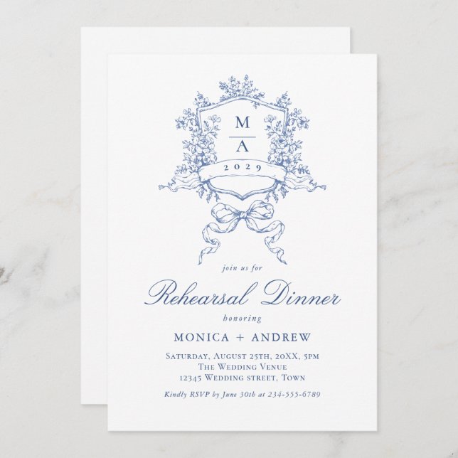 Victorian Ornate Crest REHEARSAL DINNER QR code Invitation (Front/Back)