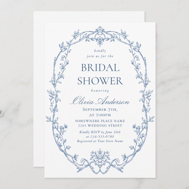 Victorian Ornate Dusty Blue Bridal Shower QR code Invitation (Front/Back)